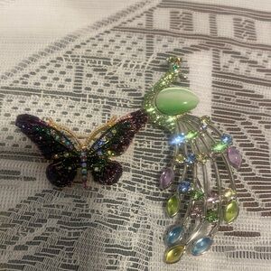 Colorful Butterfly and Peacock Brooch Set